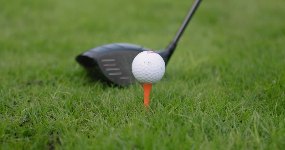 Hands, golf ball and putter or tee, sports and competition on grass, challenge and tournament. Person, athlete and ready for game, practice and hobby or recreation, action and equipment for match