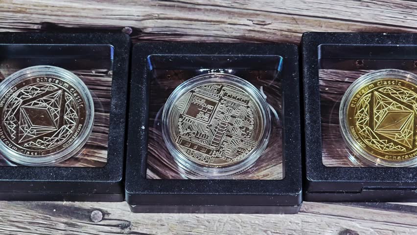 Three physical gold, silver Ethereum coins and silver bitcoin, Bitcoin (BTC) is the world