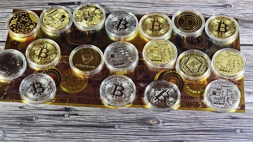gold plated bitcoin note and physical cryptocurrency commemorative coins, tokens of Bitcoin BTC, Ethereum ETH, Ripple XRP, Dogecoin, Stellar XLM, collectible novelty items