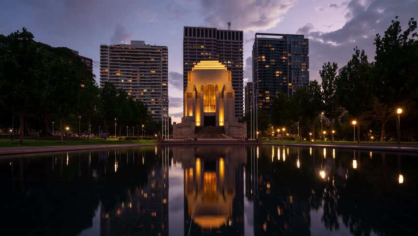 Night time lapse clip from Anzac Memorial in Hyde park in Sydney, Australia. Anzac is a war memorial honoring Australians in the armed forces