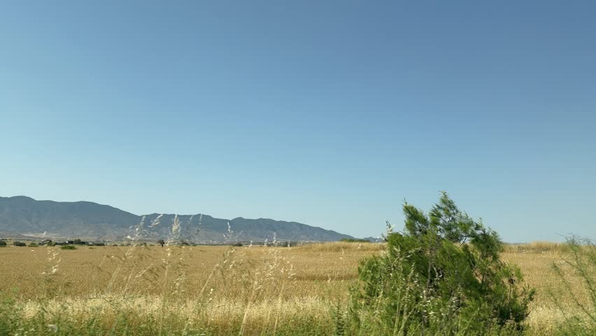 Driving plate look of cypriot nature landscape with green trees and bushes in dry summer field. Beautiful Kyrenia mountain range Besparmak or Girne scenery view.