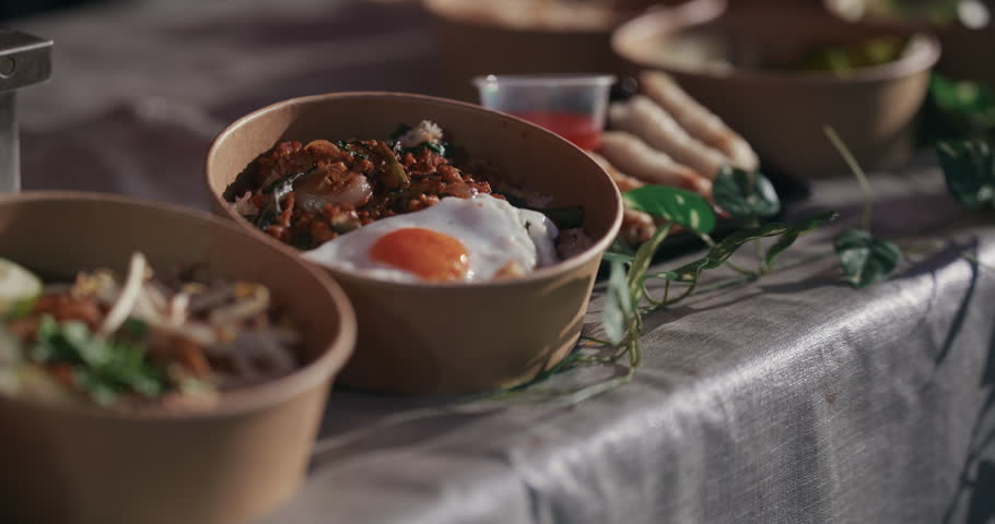 Prepared rice bowl with fried egg served at Kvatric Market in Zagreb Croatia.