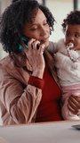 Remote work, phone call and mom with baby in home for contact, client chat and conversation. Family, wfh and woman with child on laptop for multitasking with project update, talking and communication - Powered by Shutterstock - Get 15% off with code: PIKWIZARD15