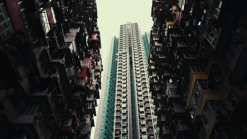 Crowded residential skyscraper building in Hongkong urban city in China, Asia.