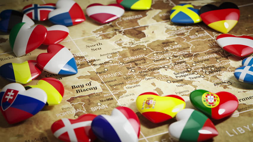 Map of Europe and hearts with flags of european countries. Travel and tourism concept. 3d video animation