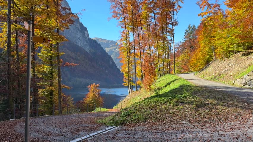 The Klöntalersee, a natural lake in the canton of Glarus, Switzerland.
