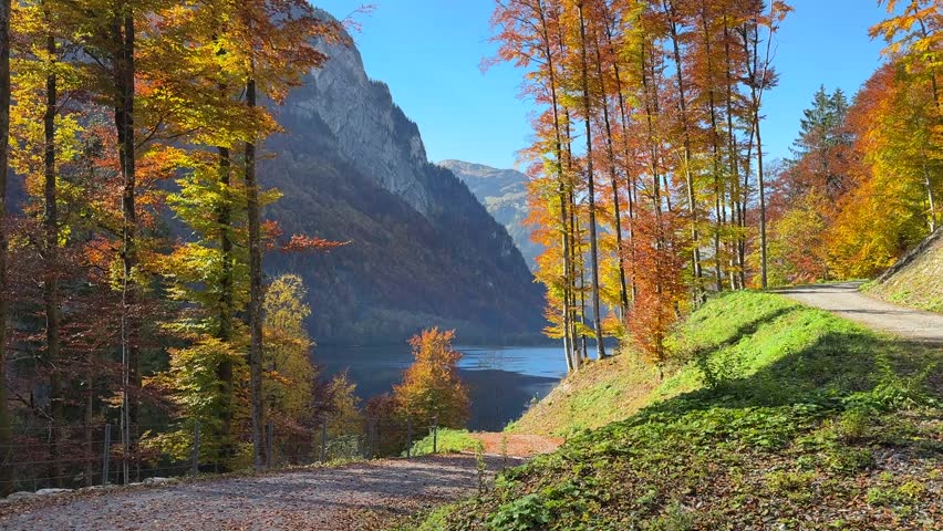 The Klöntalersee, a natural lake in the canton of Glarus, Switzerland.