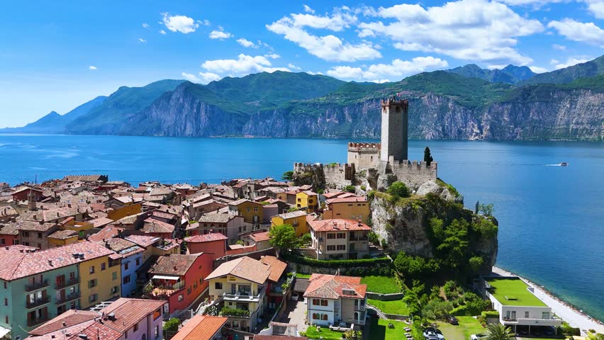 Aerial view of Malcesine on the shore of Lake Garda in the Province of Verona, region Veneto, Italy.