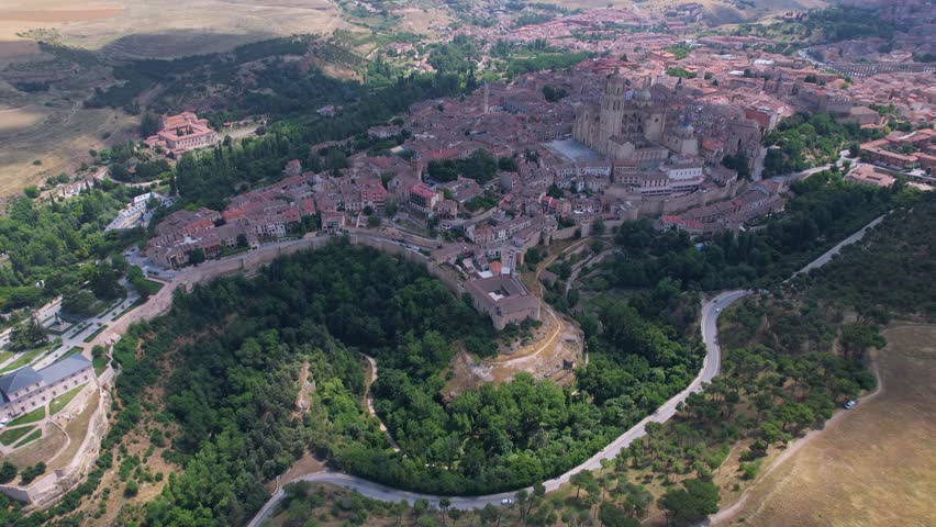 Aerial view around the old town of the city Segovia in Spain on a sunny summer noon.
