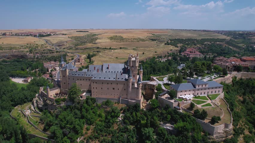 Aerial view around the old town of the city Segovia in Spain on a sunny summer noon.