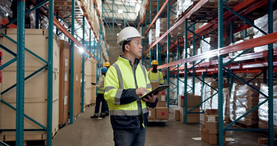 Logistics, tablet and shipping with man in warehouse for supply chain, ecommerce checklist or cargo. Digital inventory report, distribution and export with person in factory for freight and delivery