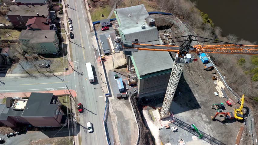 Above the New Brunswick Museum construction site in Saint John, NB, Canada. None of the new building is built yet, only the old building (which was opened in 1934 and is being renovated) is present.