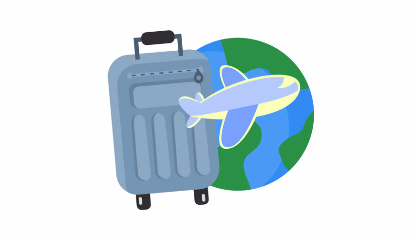 Global travel and tourism icon with grey suitcase, airplane, and world globe graphic cartoon animation isolated on an alpha channel for international vacation planning element concept.