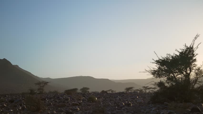 Silhouetted Desert Mountain with Rocky Foreground at Dusk

