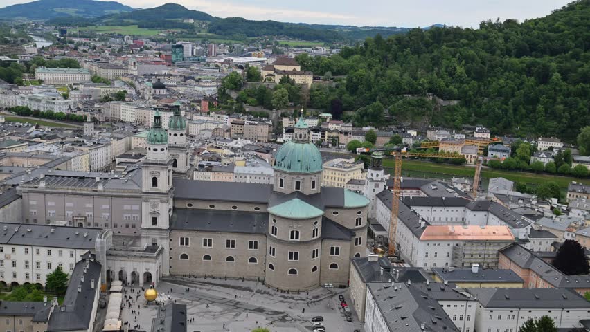 Panoramic spring view over Salzburg historic center and river, Austria.