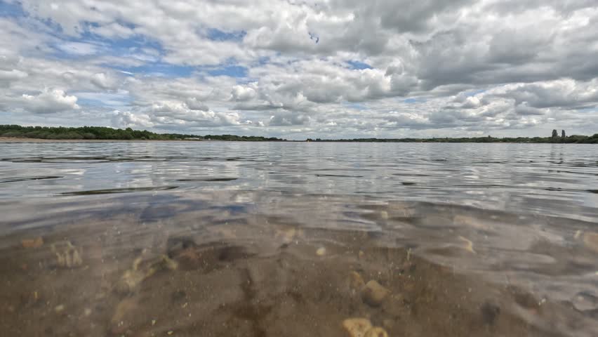 Low view of a lake with the clouds in view