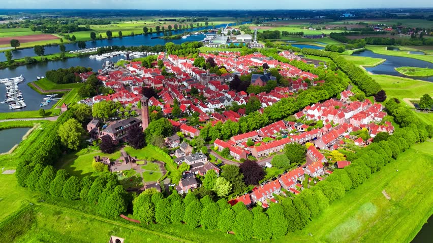 Aerial drone view of the medieval Fortified City of Heusden, Netherlands, May 14, 2026. High quality 4k footage
