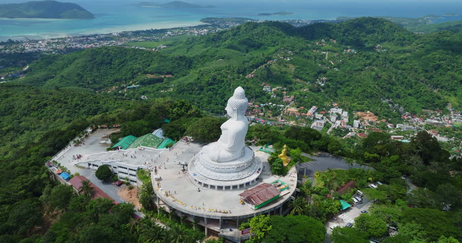 White Marble Big Buddha Statue Temple,Aerial View big buddha on top of mountains at Phuket Thailand	