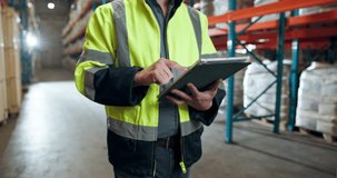 Logistics, tablet and hands with man in warehouse for supply chain, ecommerce checklist or cargo. Digital inventory report, distribution and export with person in factory for freight and delivery - Powered by Shutterstock - Get 15% off with code: PIKWIZARD15