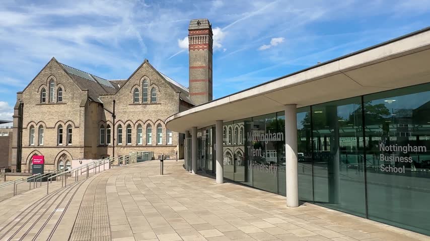 View of the historic Newton and Arkwright Building at Nottingham Trent University City Campus in Nottingham, England, featuring iconic academic architecture.