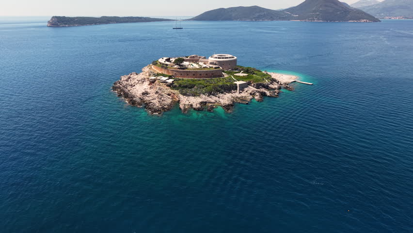 Drone Shot of Mamula Island, Montenegro, Former Fortress in Adriatic Sea