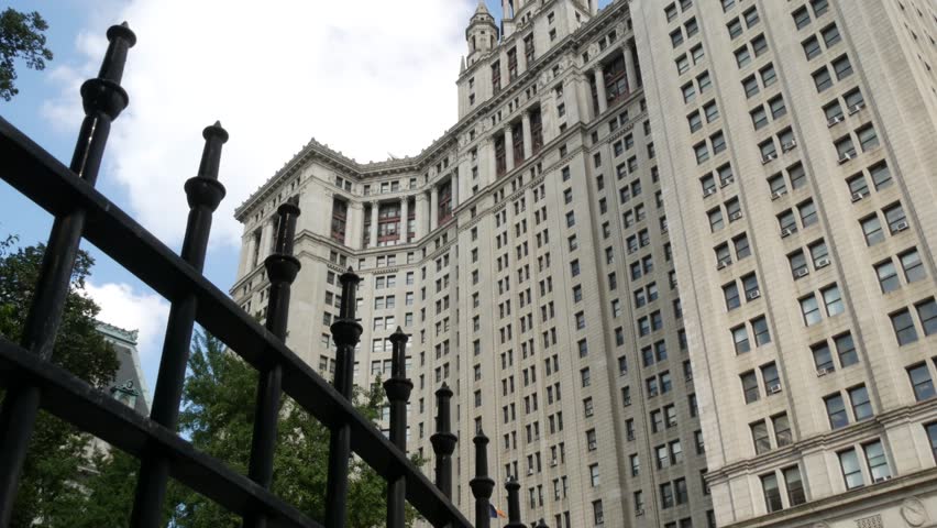 New York City Downtown Civic Center, United States of America. Manhattan municipal building 1914, old historic architecture. Government administration authority. Low angle view from Chambers street