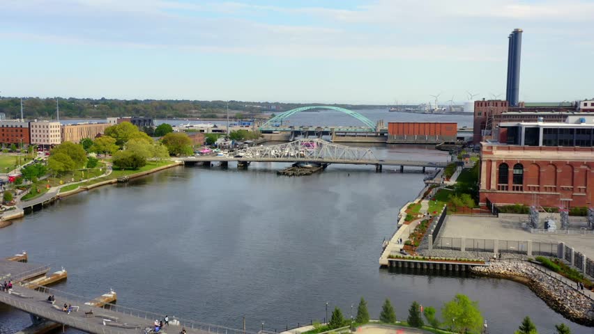 Aerial View of the pedestrian bridge in providence rhode island, orbit shot
