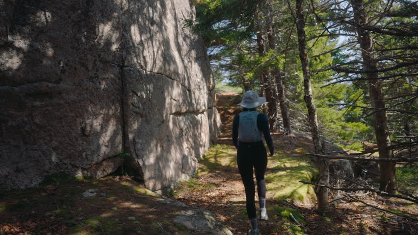 Young woman with a backpack hiking on a sunny trail in a pine forest next to a large rock formation in Maine