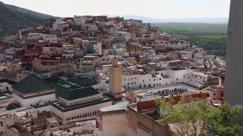 Idyllic elevated view of the historic city of Moulay Idriss Zerhoun, a significant spiritual and pilgrimage site in Morocco