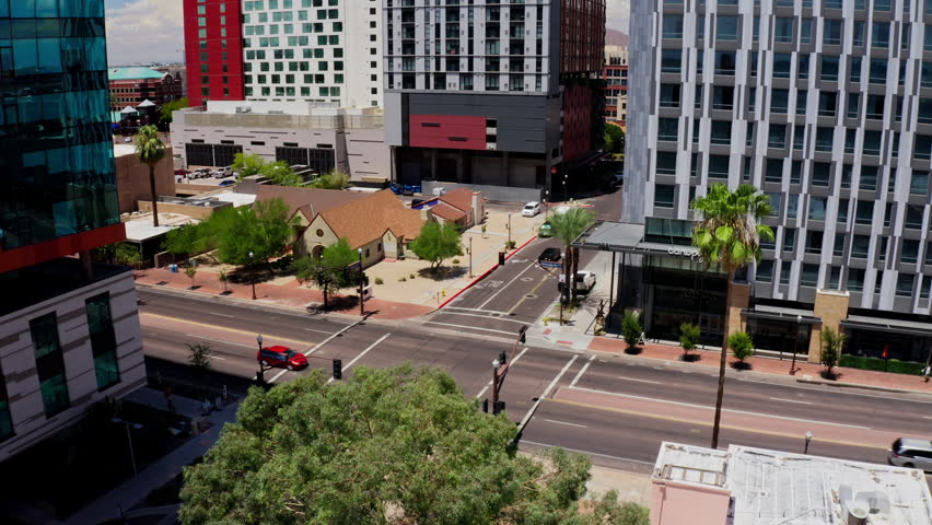 Drone shot showing the streets of and office buildings in Tempe, Arizona 