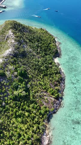 A small boat travels near a tropical island with dense green forest