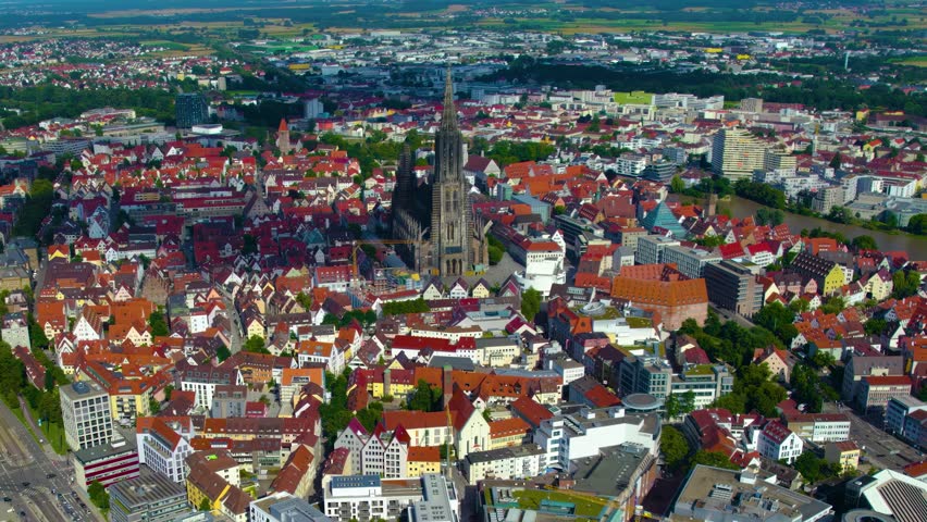 Aerial view around the old town of the city Ulm in Germany on a Cloudy day in summer