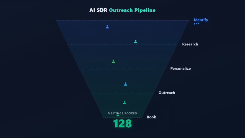 AI SDR Outreach Pipeline Animation Showing Sales Funnel Stages Identify Research Personalize Outreach and Increasing Meetings Booked Counter
