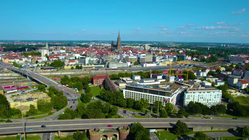 Aerial view around the old town of the Ulm in Germany  on a sunny day in summer