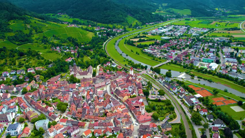 Aerial view around the old town of the city Gengenbach, 77723 in Germany on a Cloudy day in summer
