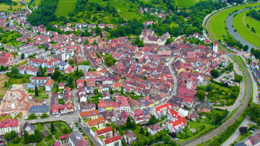 Aerial view around the old town of the city Gengenbach, 77723 in Germany on a Cloudy day in summer