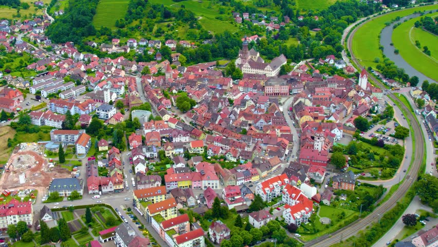 Aerial view around the old town of the city Gengenbach, 77723 in Germany on a Cloudy day in summer