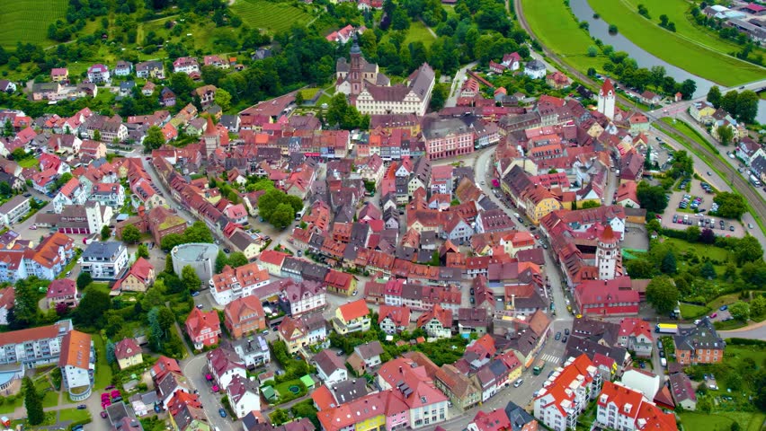 Aerial view around the old town of the city Gengenbach, 77723 in Germany on a Cloudy day in summer
