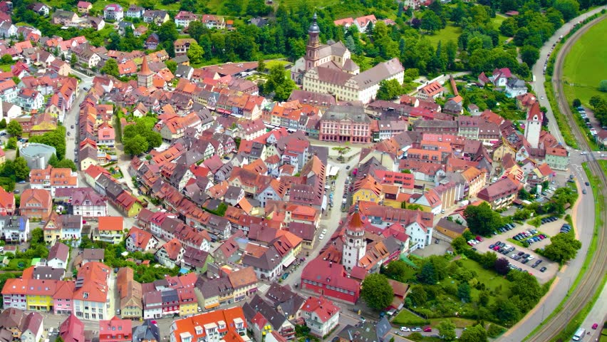 Aerial view around the old town of the city Gengenbach, 77723 in Germany on a Cloudy day in summer