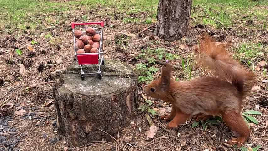 A red squirrel climbs onto a stump next to a miniature cart filled with nuts, reaches for food, eats while balancing on the tree, and then looks around warily.