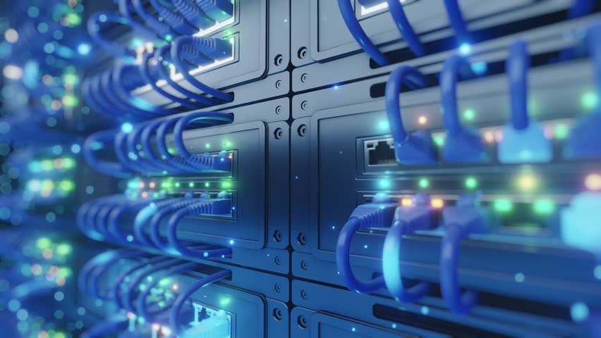 Close-up 3D render of network switch rack with blue ethernet RJ45 cables plugged in and glowing LED indicators. Data center internet infrastructure concept for IT, telecom, and cloud computing design.