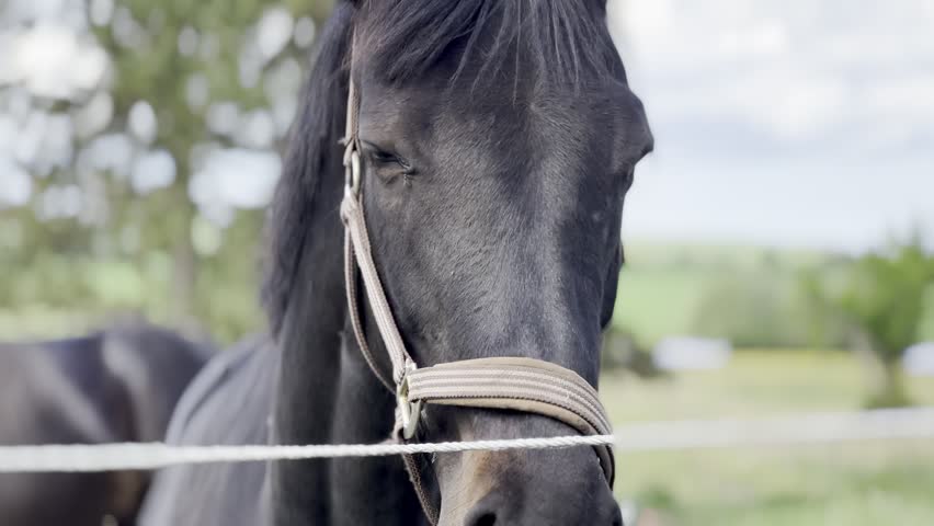 A domestic equine animal stands near an electric wire fence inside a rural farm paddock.Black Horse Extreme Close-up