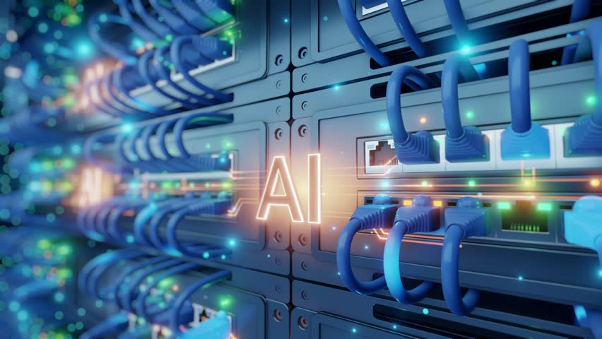 Glowing AI text on network switch server rack with blue ethernet cables and LED indicators. AI-powered data center concept for cloud computing, machine learning, and enterprise IT infrastructure.