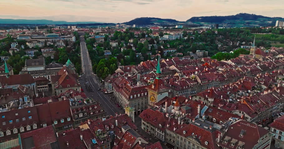Aerial view over the city of Bern the capital city of Switzerland the historic district from above. Bern old town. The historic buildings in the city center