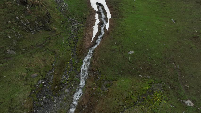 High-angle aerial view capturing a clean, rushing mountain creek flowing from a melting snow patch down a vibrant green alpine valley with rocky terrain and small wildflowers in Ushguli, Georgia