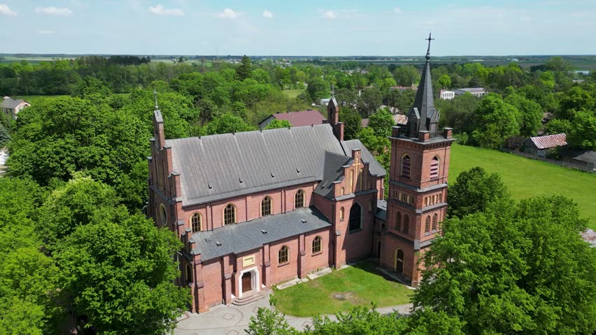Aerial drone view of Saint Michael the Archangel Church in Starawies in Starawies village near Wegrow city, Mazovia region of Poland