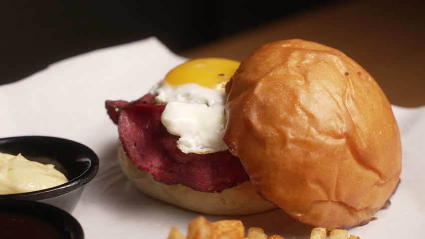 Tasty beef bacon burger with a sunny-side-up egg, french fries, and dipping sauce on a plate, fa01
