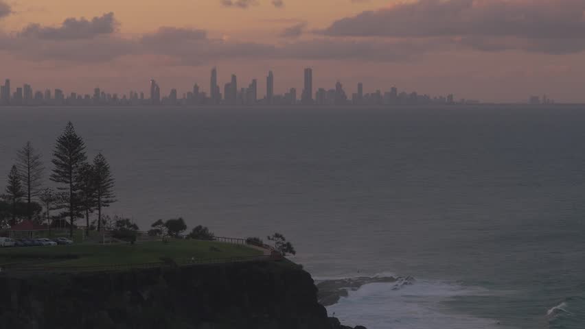 Sunset View Of Point Danger Park In Queensland From Tweed Heads, New South Wales, Australia. Aerial Shot