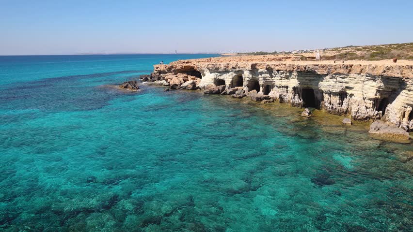 Drone video of Sea Caves area in Cape Greco National Park in Cyprus, 4k