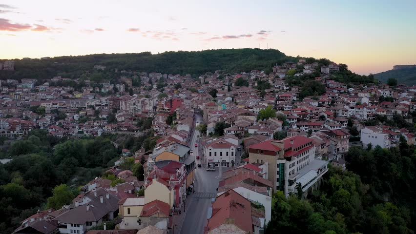 Historic part of Veliko Tarnovo city in North Bulgaria, 4k drone video